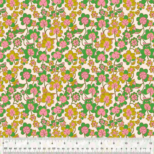 Cotton quilting fabric pattern called 'Clover in Blush'. Part of the 'Forestburgh' fabric collection. Designed by Heather Ross for fabric company Windham Fabrics. SKU: 53847-1. 44-45 inch width.