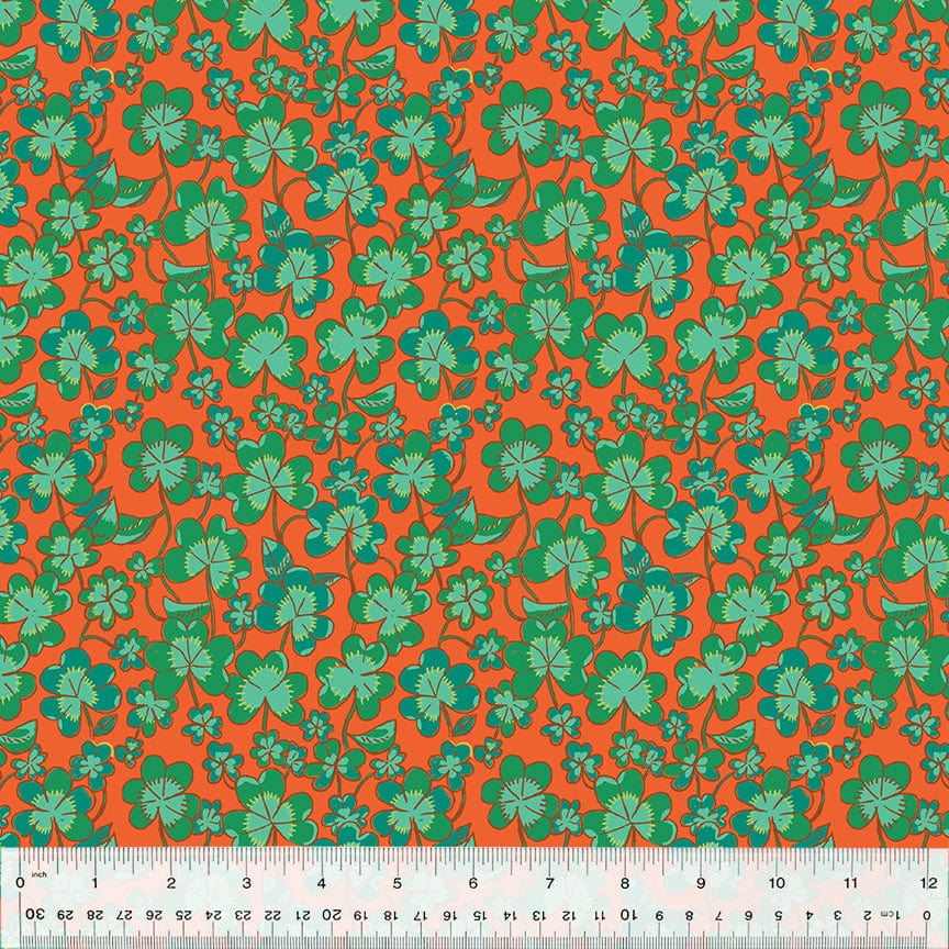 Cotton quilting fabric pattern called 'Clover in Rust'. Part of the 'Forestburgh' fabric collection. Designed by Heather Ross for fabric company Windham Fabrics. SKU: 53847-8. 44-45 inch width.