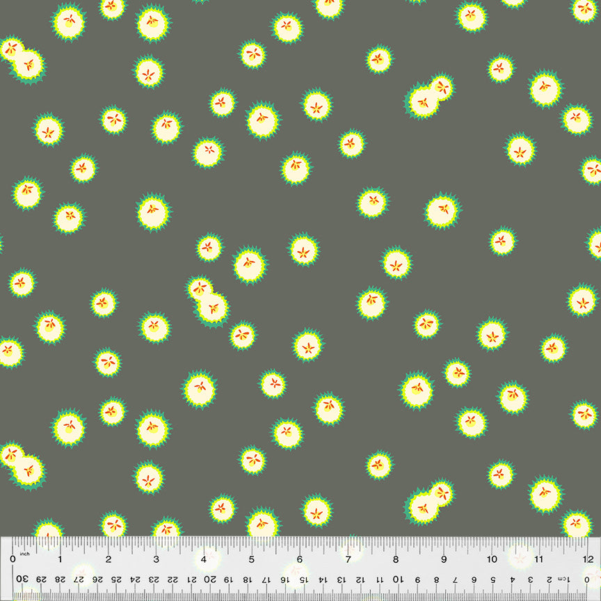 Cotton quilting fabric pattern called 'Firefly in Dark Grey'. Part of the 'Forestburgh' fabric collection. Designed by Heather Ross for fabric company Windham Fabrics. SKU: 53848-13. 44-45 inch width.