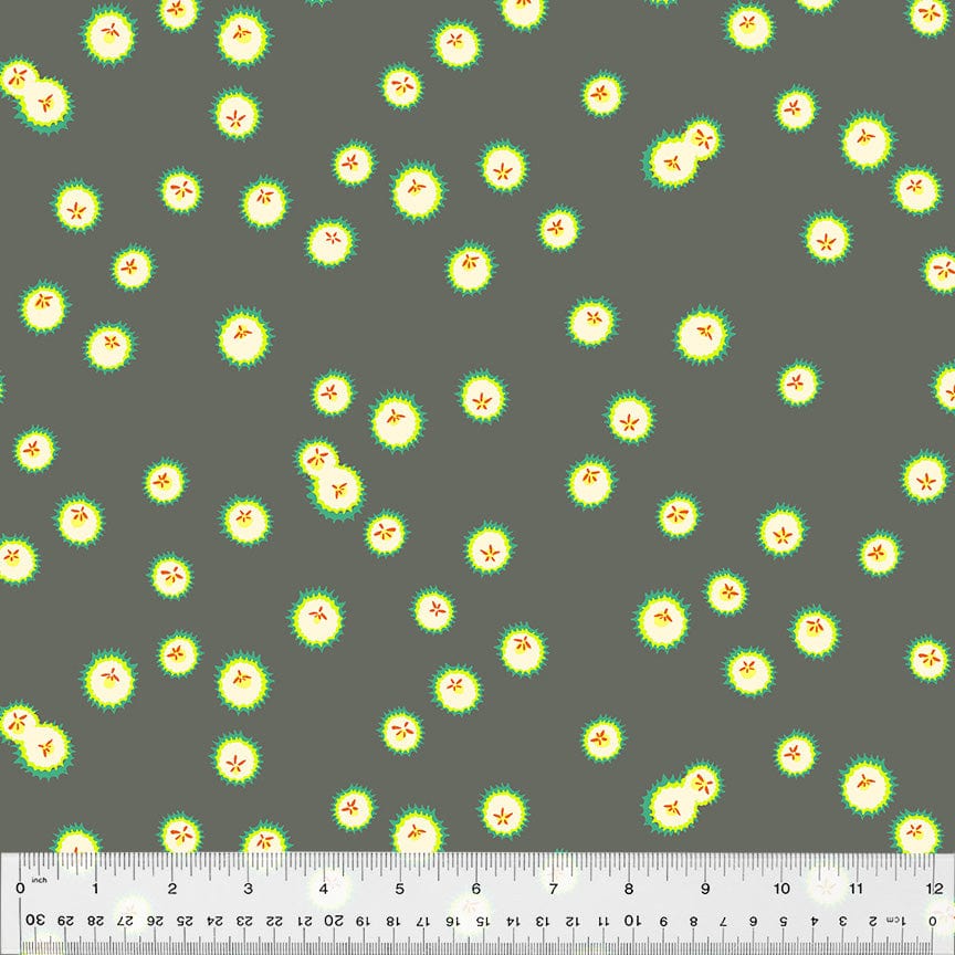 Cotton quilting fabric pattern called 'Firefly in Dark Grey'. Part of the 'Forestburgh' fabric collection. Designed by Heather Ross for fabric company Windham Fabrics. SKU: 53848-13. 44-45 inch width.