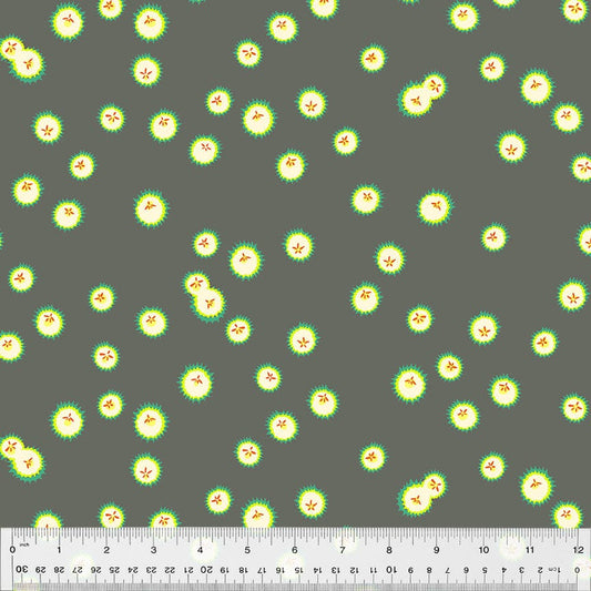 Cotton quilting fabric pattern called 'Firefly in Dark Grey'. Part of the 'Forestburgh' fabric collection. Designed by Heather Ross for fabric company Windham Fabrics. SKU: 53848-13. 44-45 inch width.