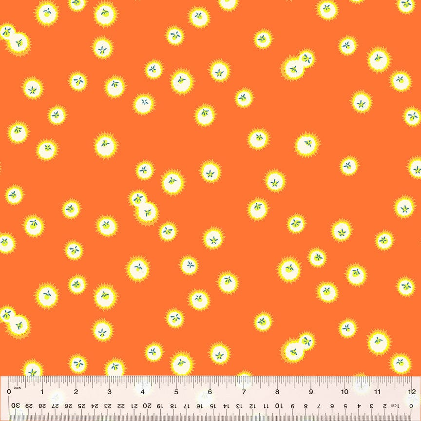 Cotton quilting fabric pattern called 'Firefly in Orange'. Part of the 'Forestburgh' fabric collection. Designed by Heather Ross for fabric company Windham Fabrics. SKU: 53848-12. 44-45 inch width.