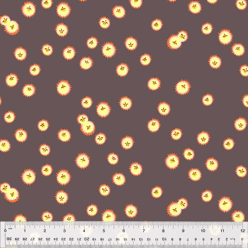 Cotton quilting fabric pattern called 'Firefly in Plum'. Part of the 'Forestburgh' fabric collection. Designed by Heather Ross for fabric company Windham Fabrics. SKU: 53848-11. 44-45 inch width.