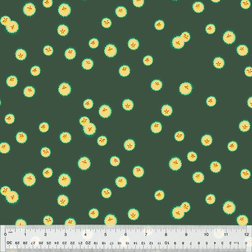 Cotton quilting fabric pattern called 'Firefly in Spruce'. Part of the 'Forestburgh' fabric collection. Designed by Heather Ross for fabric company Windham Fabrics. SKU: 53848-14. 44-45 inch width.