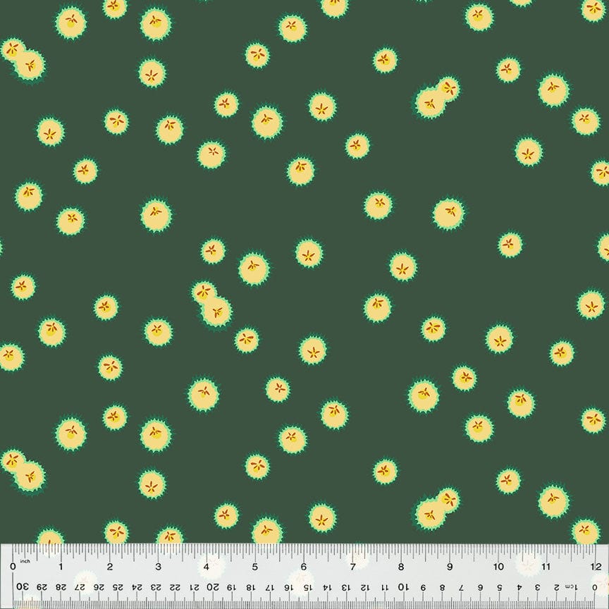 Cotton quilting fabric pattern called 'Firefly in Spruce'. Part of the 'Forestburgh' fabric collection. Designed by Heather Ross for fabric company Windham Fabrics. SKU: 53848-14. 44-45 inch width.