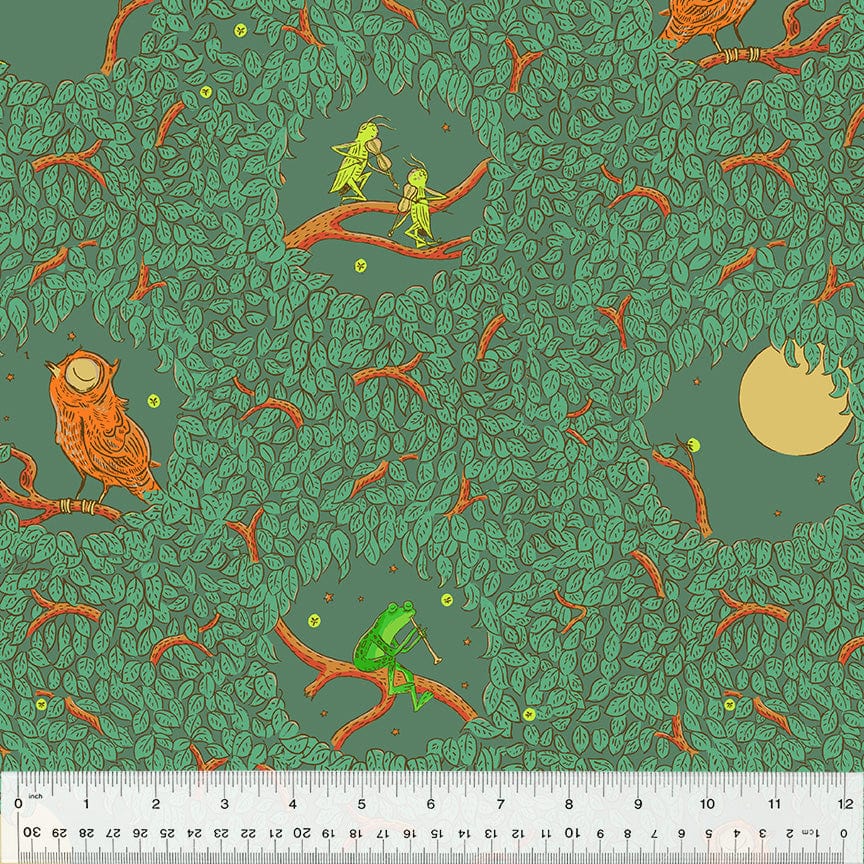 Cotton quilting fabric pattern called 'Night Music in Leaf'. Part of the 'Forestburgh' fabric collection. Designed by Heather Ross for fabric company Windham Fabrics. SKU: 53846-5. 44-45 inch width.