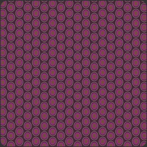 Cotton quilting fabric pattern called 'Oval Elements in Eggplant'. Part of the 'Oval Elements' fabric collection. Designed by AGF Studio for fabric company Art Gallery Fabrics. SKU: OE-905. 44-45 inch width.