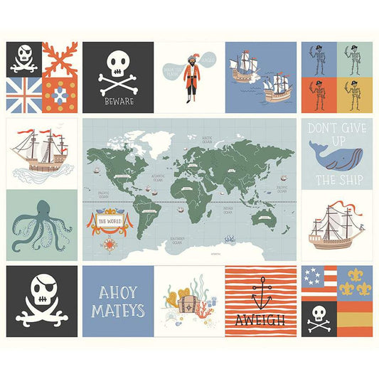 Cotton quilting fabric pattern called 'Panel'. Part of the 'Hoist the Sails' fabric collection. Designed by Citrus and Mint Designs for fabric company Riley Blake Designs. SKU: P12987-PANEL. 44-45 inch width.