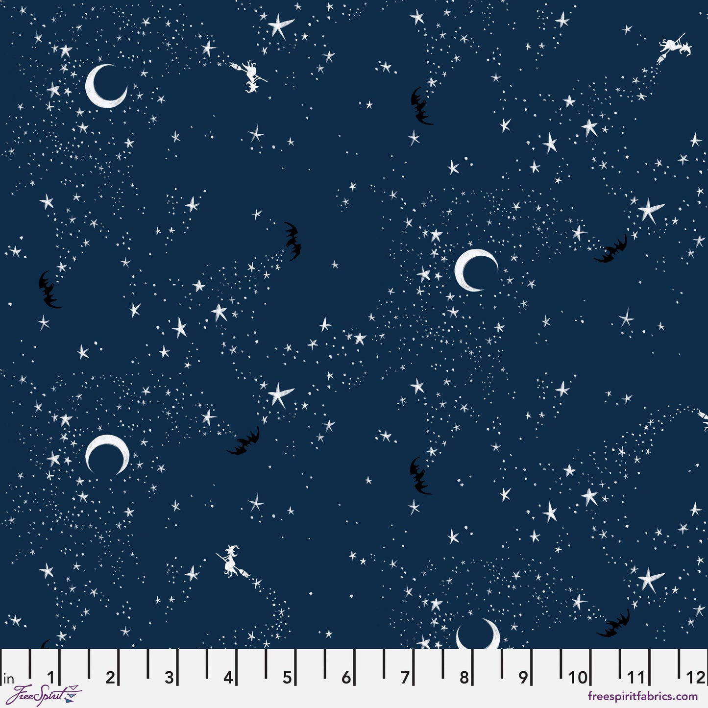 Cotton quilting fabric pattern called 'Witches are Out in Navy'. Part of the 'Pretty Creepy' fabric collection. Designed by Cori Dantini for fabric company Free Spirit Fabrics. SKU: PWCD064.NAVY. 44-45 inch width.