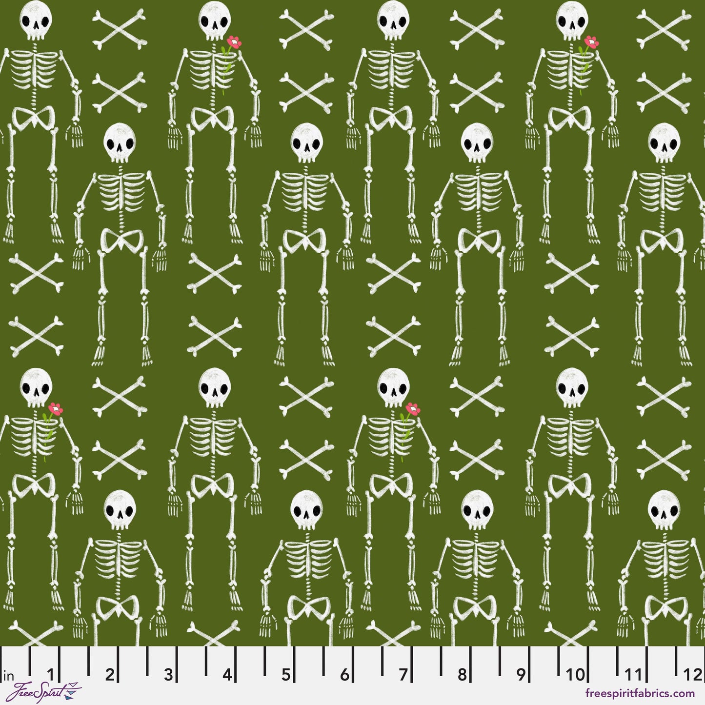 Cotton quilting fabric pattern called 'No Bones About It in Olive'. Part of the 'Pretty Creepy' fabric collection. Designed by Cori Dantini for fabric company Free Spirit Fabrics. SKU: PWCD066.OLIVE. 44-45 inch width.