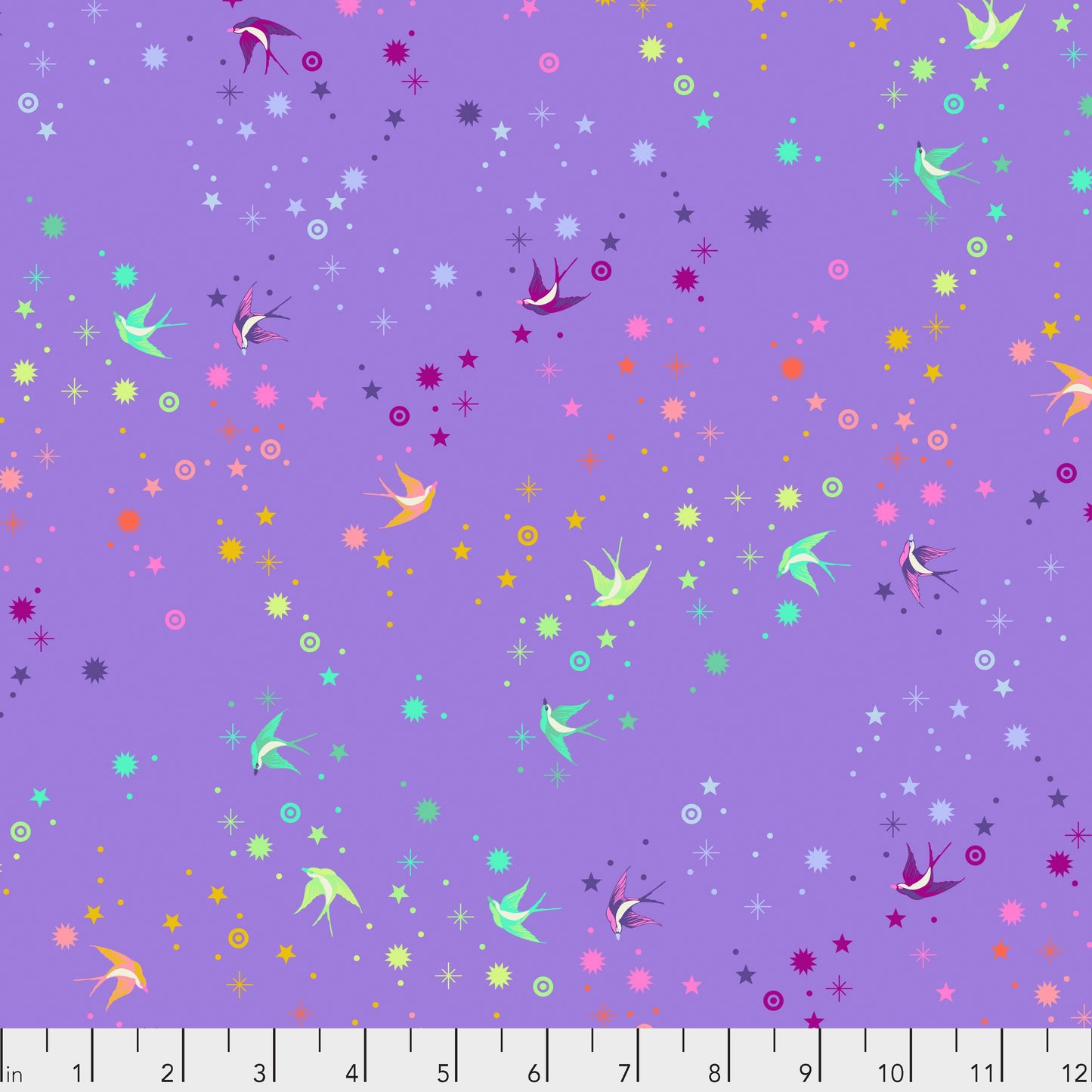 Cotton quilting fabric pattern called 'Fairy Dust in Daydream'. Part of the 'True Colors' fabric collection. Designed by Tula Pink for fabric company Free Spirit Fabrics. SKU: PWTP133.DAYDREAM. 44-45 inch width.