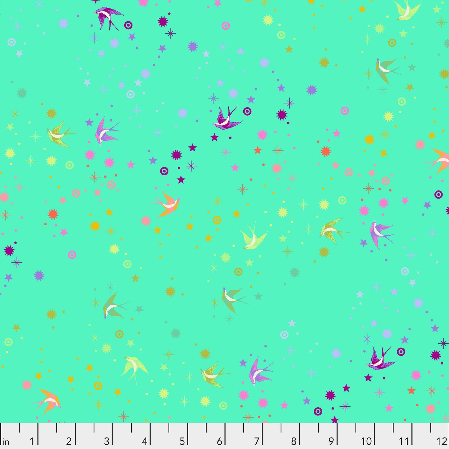 Cotton quilting fabric pattern called 'Fairy Dust in Frolic'. Part of the 'True Colors' fabric collection. Designed by Tula Pink for fabric company Free Spirit Fabrics. SKU: PWTP133.FROLIC. 44-45 inch width.