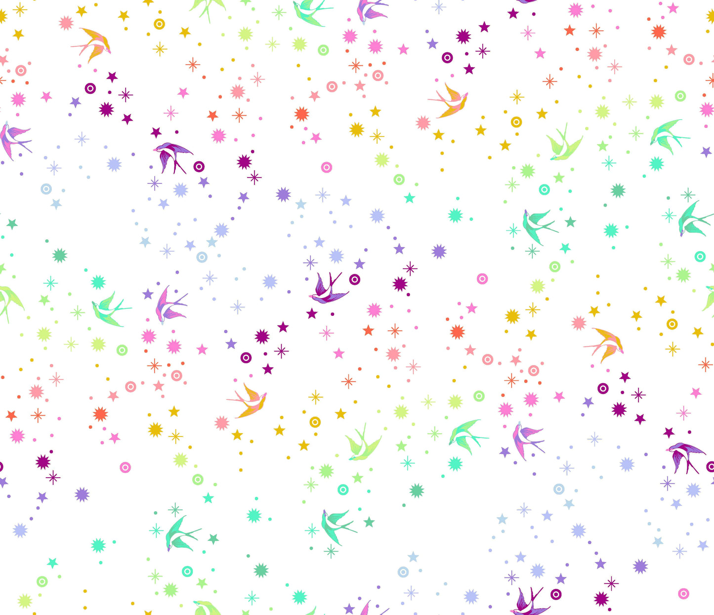 Cotton quilting fabric pattern called 'Fairy Dust in White'. Part of the '2023 True Colors' fabric collection. Designed by Tula Pink for fabric company Free Spirit Fabrics. SKU: PWTP133.WHITE. 44-45 inch width.