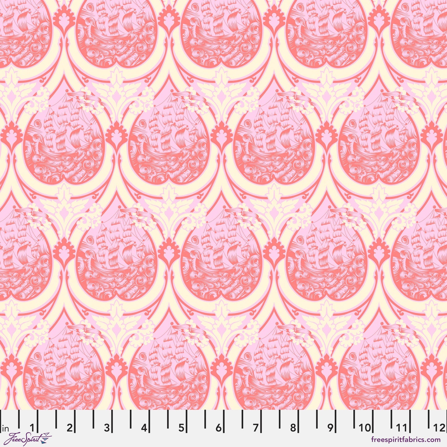 Cotton quilting fabric pattern called 'Sea of Tears in Melon'. Part of the 'Parisville {Deja Vu}' fabric collection. Designed by Tula Pink for fabric company Free Spirit Fabrics. SKU: PWTP191.MEON. 44-45 inch width.