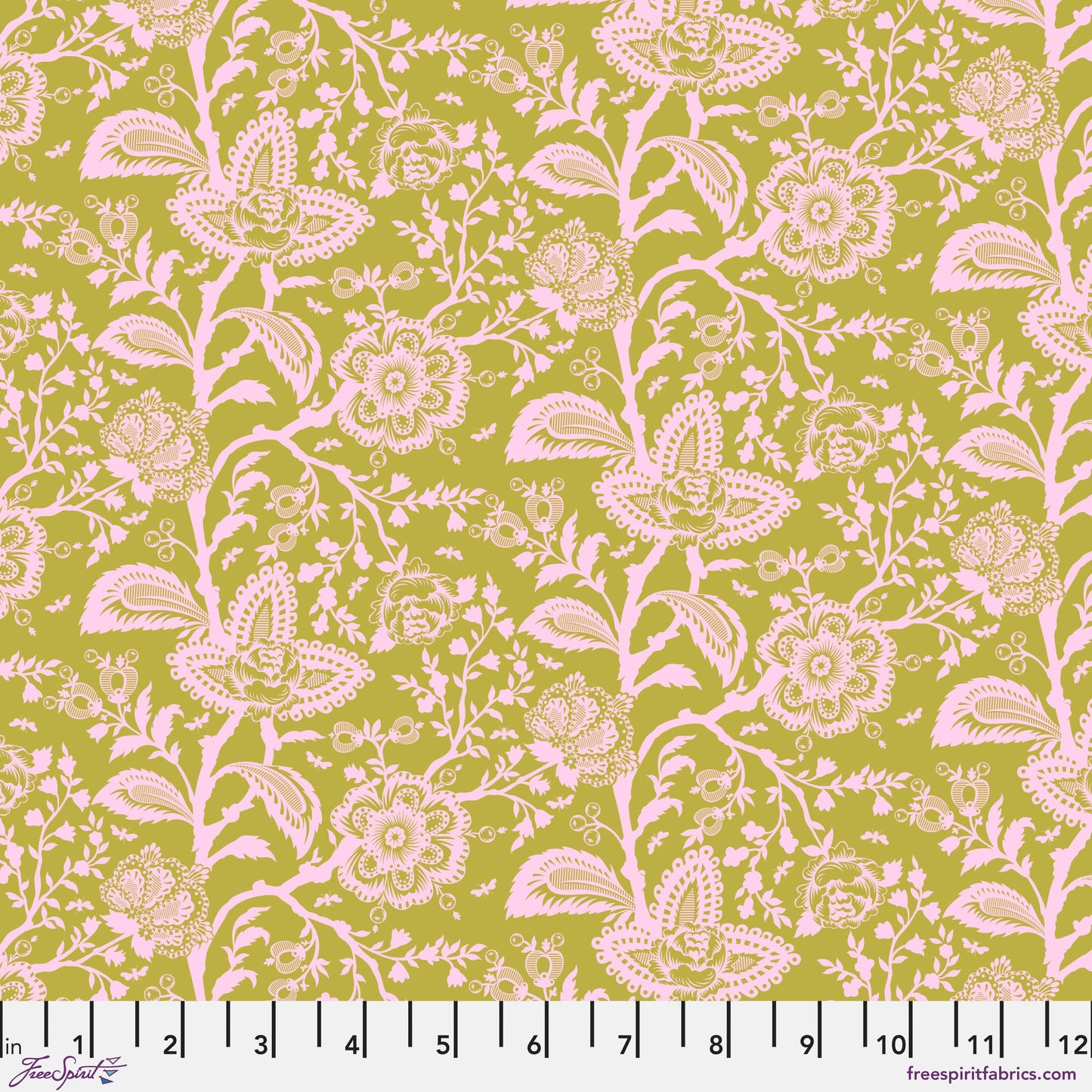 Cotton quilting fabric pattern called 'French Lace in Hazelnut'. Part of the 'Parisville {Deja Vu}' fabric collection. Designed by Tula Pink for fabric company Free Spirit Fabrics. SKU: PWTP193.HAZELNUT. 44-45 inch width.