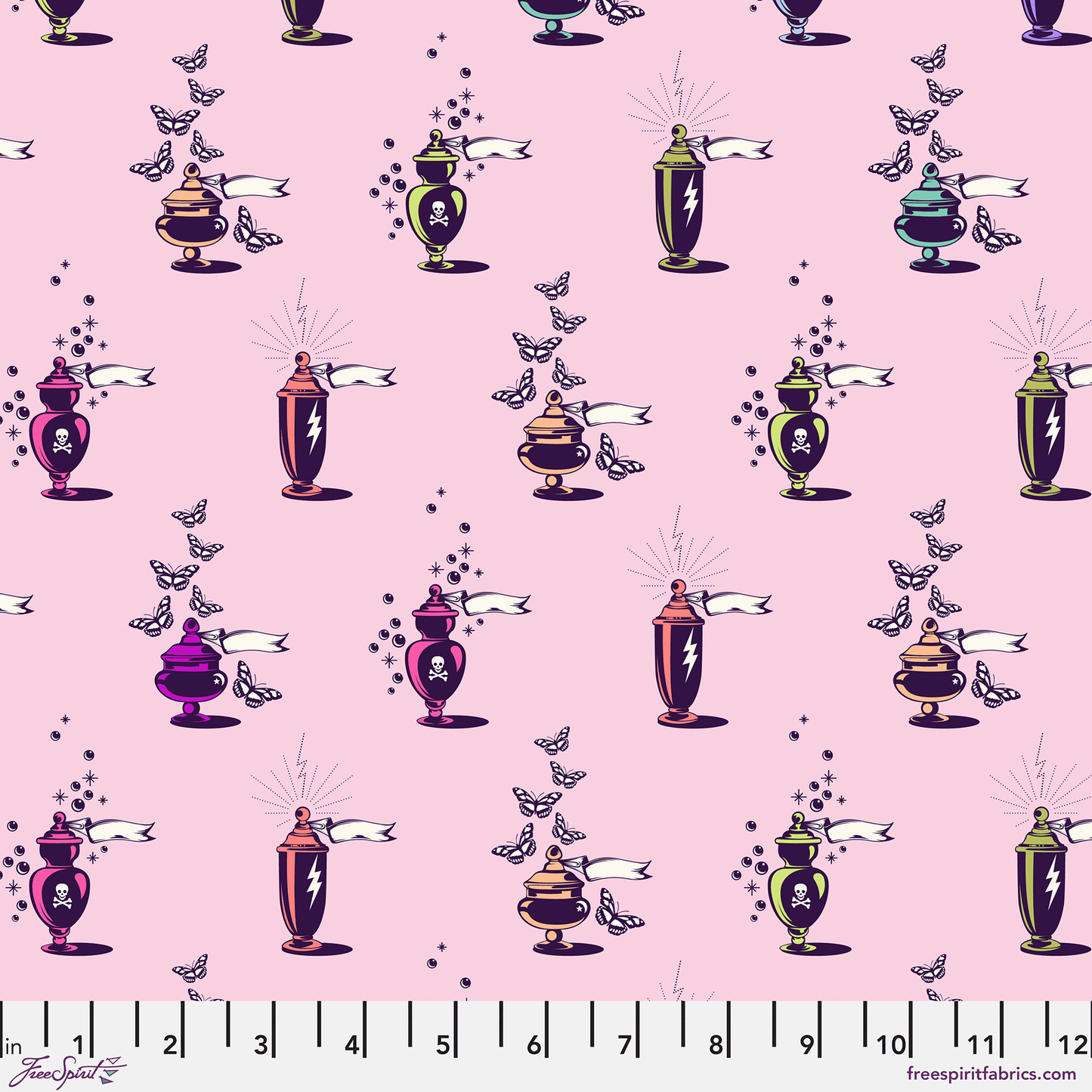 Cotton quilting fabric pattern called 'Apothecary in Nerium'. Part of the 'Nightshade Deja Vu' fabric collection. Designed by Tula Pink for fabric company Free Spirit Fabrics. SKU: PWTP209.NERIUM. 44-45 inch width.