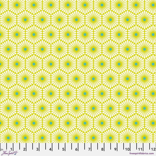 Cotton quilting fabric pattern called 'Daisy Chain in Clover'. Part of the 'Besties' fabric collection. Designed by Tula Pink for fabric company Free Spirit Fabrics. SKU: PWTP220.CLOVER. 44-45 inch width.