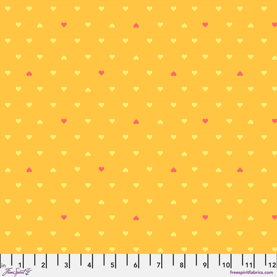 Cotton quilting fabric pattern called 'Unconditional Love in Buttercup'. Part of the 'Besties' fabric collection. Designed by Tula Pink for fabric company Free Spirit Fabrics. SKU: PWTP221.BUTTERCUP. 44-45 inch width.