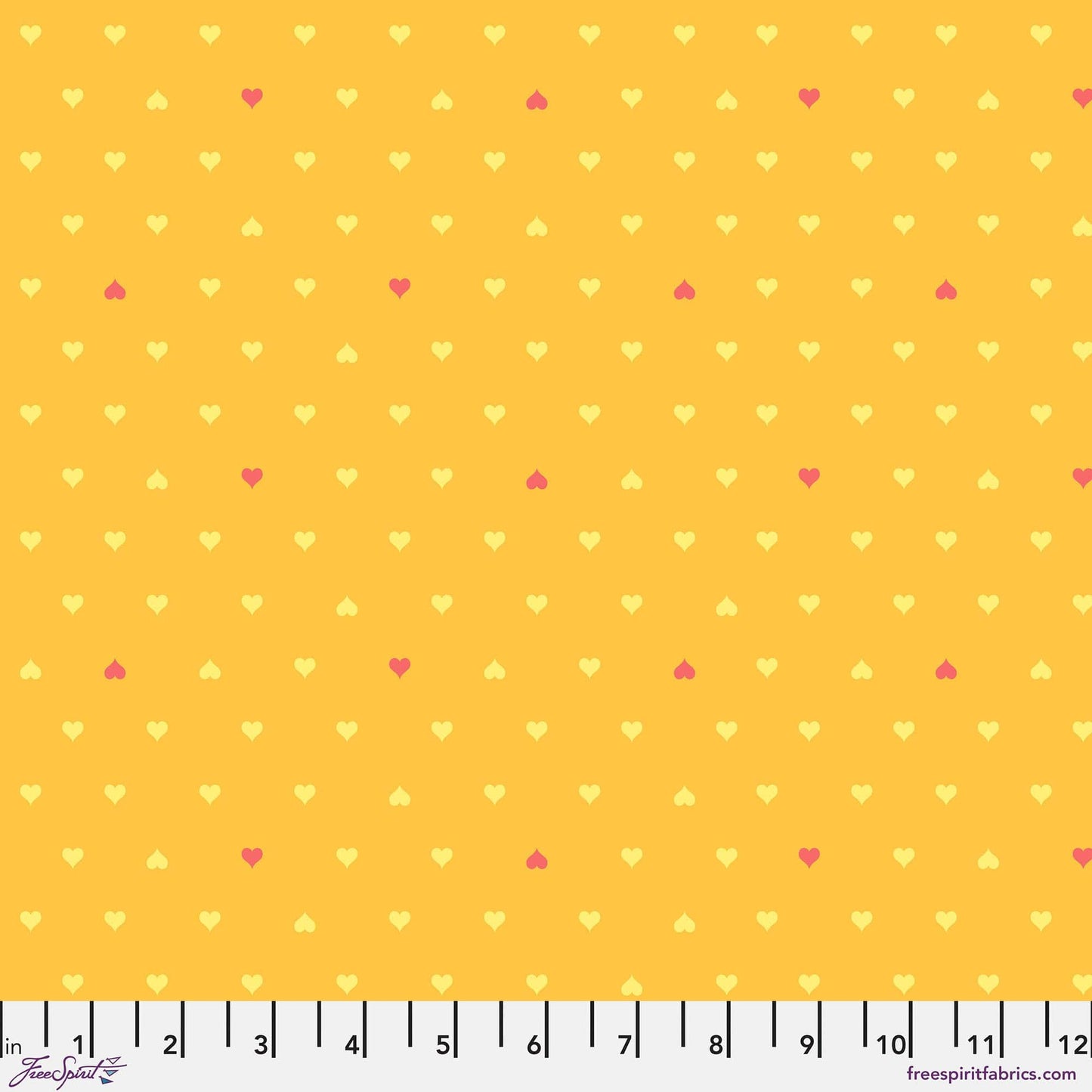 Cotton quilting fabric pattern called 'Unconditional Love in Buttercup'. Part of the 'Besties' fabric collection. Designed by Tula Pink for fabric company Free Spirit Fabrics. SKU: PWTP221.BUTTERCUP. 44-45 inch width.