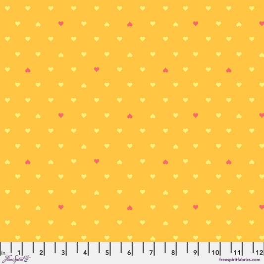 Cotton quilting fabric pattern called 'Unconditional Love in Buttercup'. Part of the 'Besties' fabric collection. Designed by Tula Pink for fabric company Free Spirit Fabrics. SKU: PWTP221.BUTTERCUP. 44-45 inch width.