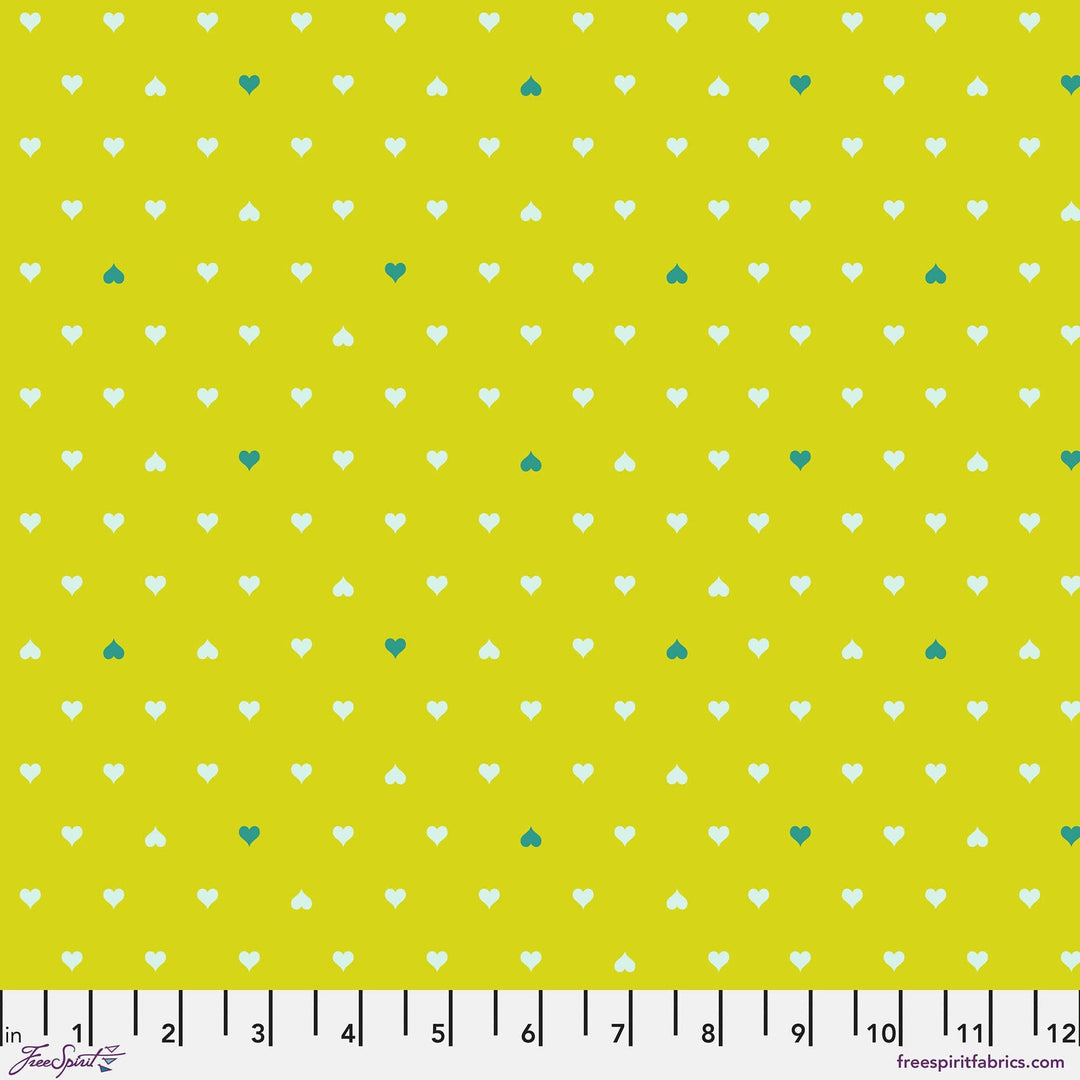 Cotton quilting fabric pattern called 'Unconditional Love in Clover'. Part of the 'Besties' fabric collection. Designed by Tula Pink for fabric company Free Spirit Fabrics. SKU: PWTP221.CLOVER. 44-45 inch width.