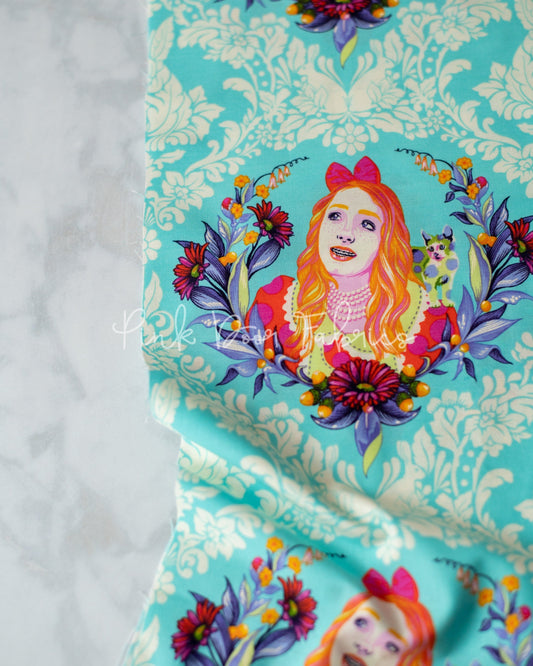 Cotton quilting fabric pattern called 'Alice in Daydream'. Part of the 'Curiouser & Curiouser' fabric collection. Designed by Tula Pink for fabric company Free Spirit Fabrics. SKU: PWTP159.DAYDREAM. 44-45 inch width.