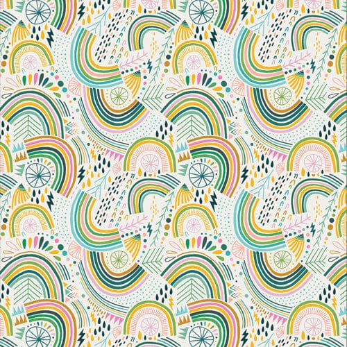 Cotton quilting fabric pattern called 'Chasing Rainbows'. Part of the 'Rain or Shine' fabric collection. Designed by Jessica Swift for fabric company Art Gallery Fabrics. SKU: ROS-58303. 44-45 inch width.