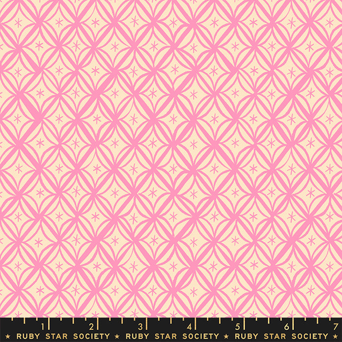 Cotton quilting fabric pattern called 'Macrame in Flamingo'. Part of the 'Camellia' fabric collection. Designed by Melody Miller for fabric company Moda Fabrics. SKU: RS0034-12. 44-45 inch width.