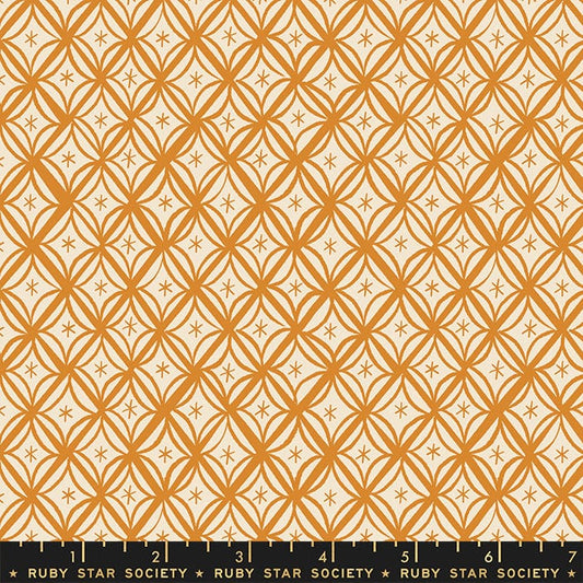 Cotton quilting fabric pattern called 'Macrame in Caramel'. Part of the 'Camellia' fabric collection. Designed by Melody Miller for fabric company Moda Fabrics. SKU: RS0034-14. 44-45 inch width.
