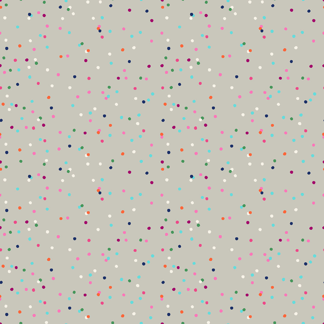 Cotton quilting fabric pattern called 'Funfetti in Wool'. Part of the 'Birthday' fabric collection. Designed by Sarah Watts for fabric company Moda FAbrics. SKU: RS2045 12. 44-45 inch width.