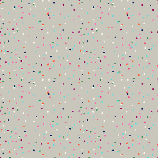 Cotton quilting fabric pattern called 'Funfetti in Wool'. Part of the 'Birthday' fabric collection. Designed by Sarah Watts for fabric company Moda FAbrics. SKU: RS2045 12. 44-45 inch width.