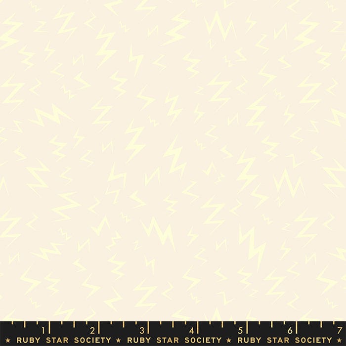 Cotton quilting fabric pattern called 'Lightning in Glow in the Dark'. Part of the 'Tiny Frights' fabric collection. Designed by Ruby Star Society for fabric company Moda Fabrics. SKU: RS5116 12G. 44-45 inch width.