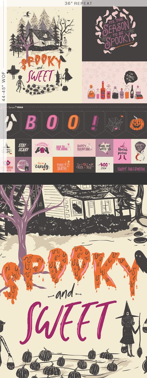 Cotton quilting fabric pattern called 'Spooky Season Panel'. Part of the 'Sweet 'N Spookier' fabric collection. Designed by AGF Studio for fabric company Art Gallery Fabrics. SKU: SNS-13041. 44-45 inch width.