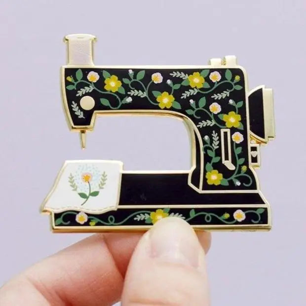 The Gray Muse - Floral Sewing Machine - Interactive Enamel Pin - Black