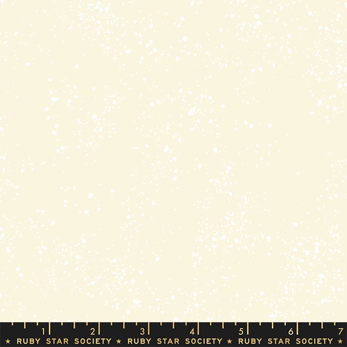 Cotton quilting fabric pattern called 'Sweet Cream'. Part of the 'Speckled Metallic' fabric collection. Designed by Ruby Star Society for fabric company Moda Fabrics. SKU: RS5027 90. 44-45 inch width.