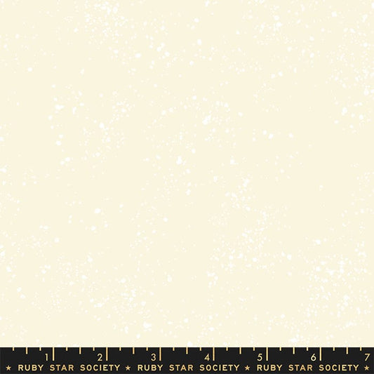 Cotton quilting fabric pattern called 'Sweet Cream'. Part of the 'Speckled Metallic' fabric collection. Designed by Ruby Star Society for fabric company Moda Fabrics. SKU: RS5027 90. 44-45 inch width.