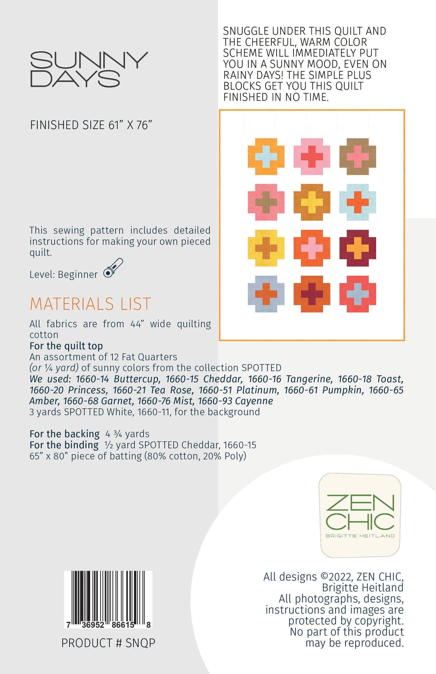 Sunny Days - Quilt Pattern - Zen Chic - Paper Pattern