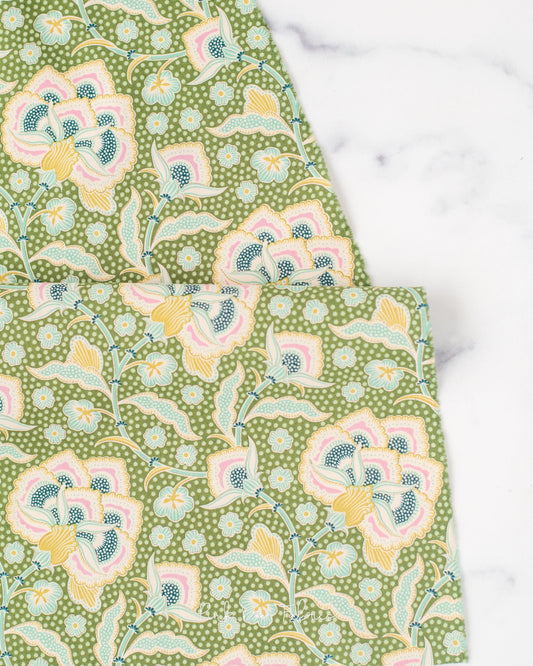 Cotton quilting fabric pattern called 'Eden Moss'. Part of the 'Hometown' fabric collection. Designed by Tilda Fabrics for fabric company Tilda Fabrics. SKU: 100476. 44-45 inch width.
