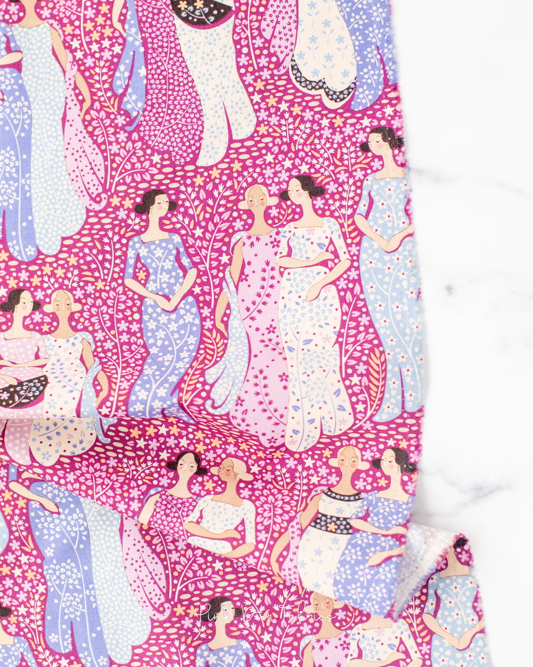 Cotton quilting fabric pattern called 'Friendly Gathering Plum'. Part of the 'Hometown' fabric collection. Designed by Tilda Fabrics for fabric company Tilda Fabrics. SKU: 100475. 44-45 inch width.