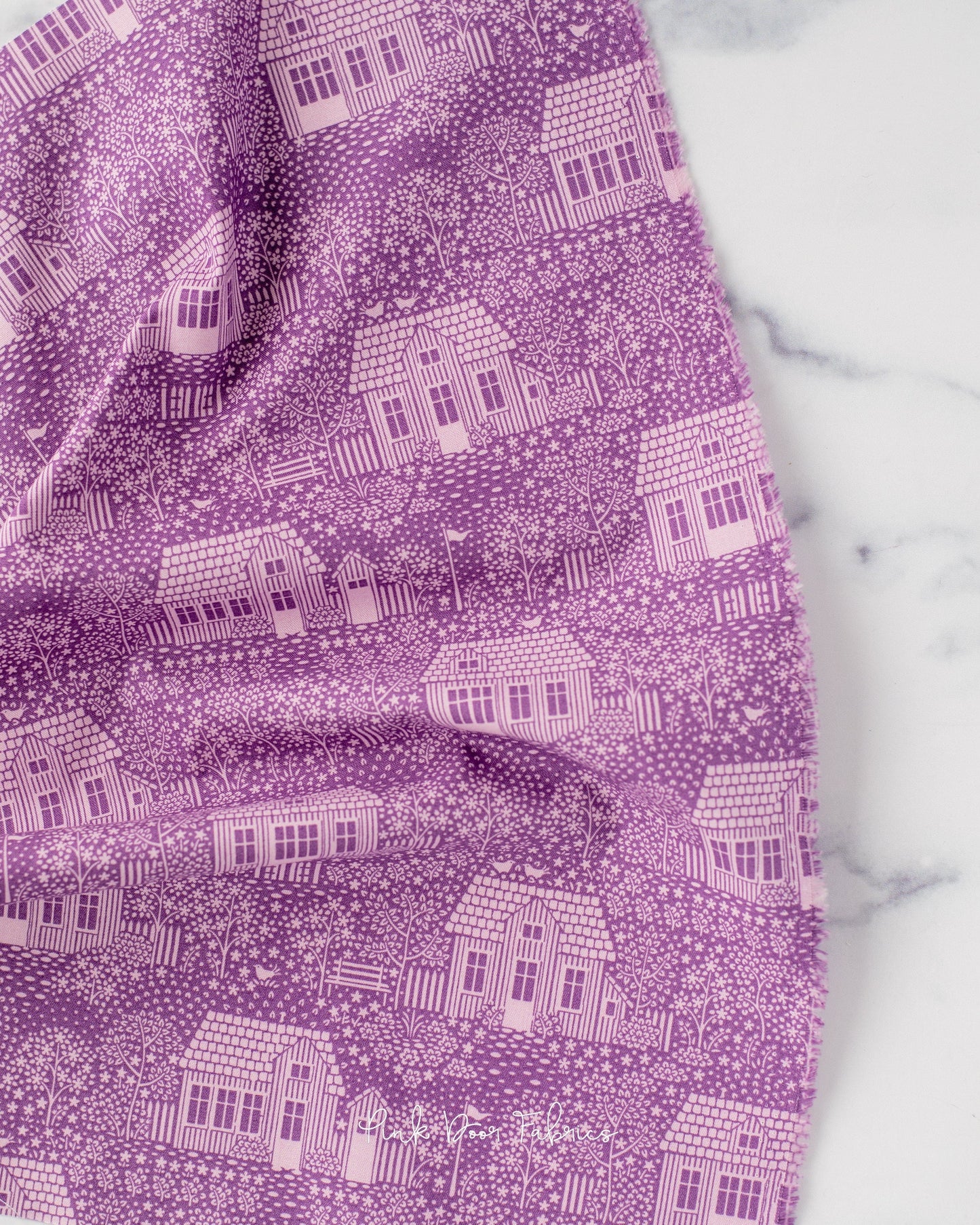 Cotton quilting fabric pattern called 'My Neighborhood Lilac'. Part of the 'Hometown' fabric collection. Designed by Tilda Fabrics for fabric company Tilda Fabrics. SKU: 110062. 44-45 inch width.