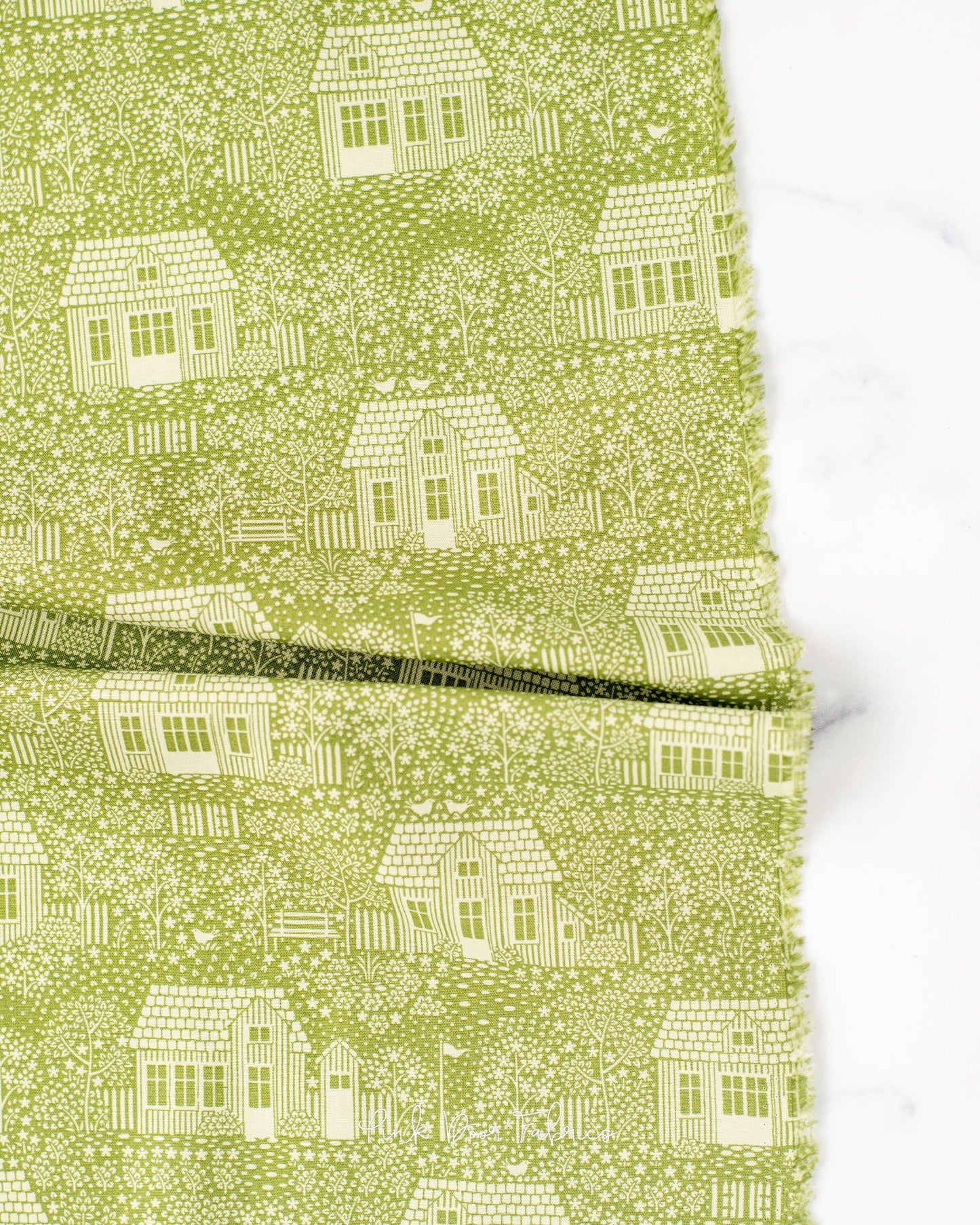 Cotton quilting fabric pattern called 'My Neighborhood Moss'. Part of the 'Hometown' fabric collection. Designed by Tilda Fabrics for fabric company Tilda Fabrics. SKU: 110063. 44-45 inch width.