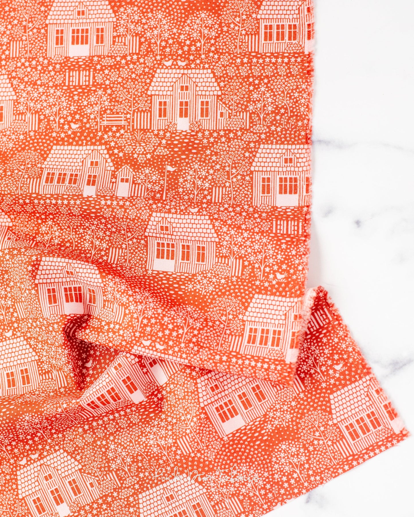 Cotton quilting fabric pattern called 'My Neighborhood Rust'. Part of the 'Hometown' fabric collection. Designed by Tilda Fabrics for fabric company Tilda Fabrics. SKU: 110059. 44-45 inch width.