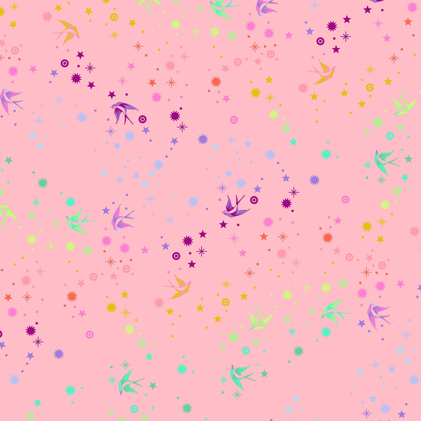 Cotton quilting fabric pattern called 'Fairy Dust in Blush'. Part of the 'True Colors' fabric collection. Designed by Tula Pink for fabric company Free Spirit Fabrics. SKU: PWTP133.BLUSH. 44-45 inch width.