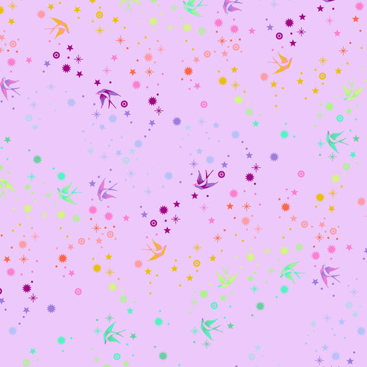 Cotton quilting fabric pattern called 'Fairy Dust in Lavender'. Part of the 'True Colors' fabric collection. Designed by Tula Pink for fabric company Free Spirit Fabrics. SKU: PWTP133.LAVENDER. 44-45 inch width.