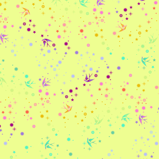 Cotton quilting fabric pattern called 'Fairy Dust in Lime'. Part of the 'True Colors' fabric collection. Designed by Tula Pink for fabric company Free Spirit Fabrics. SKU: PWTP133.LIME. 44-45 inch width.