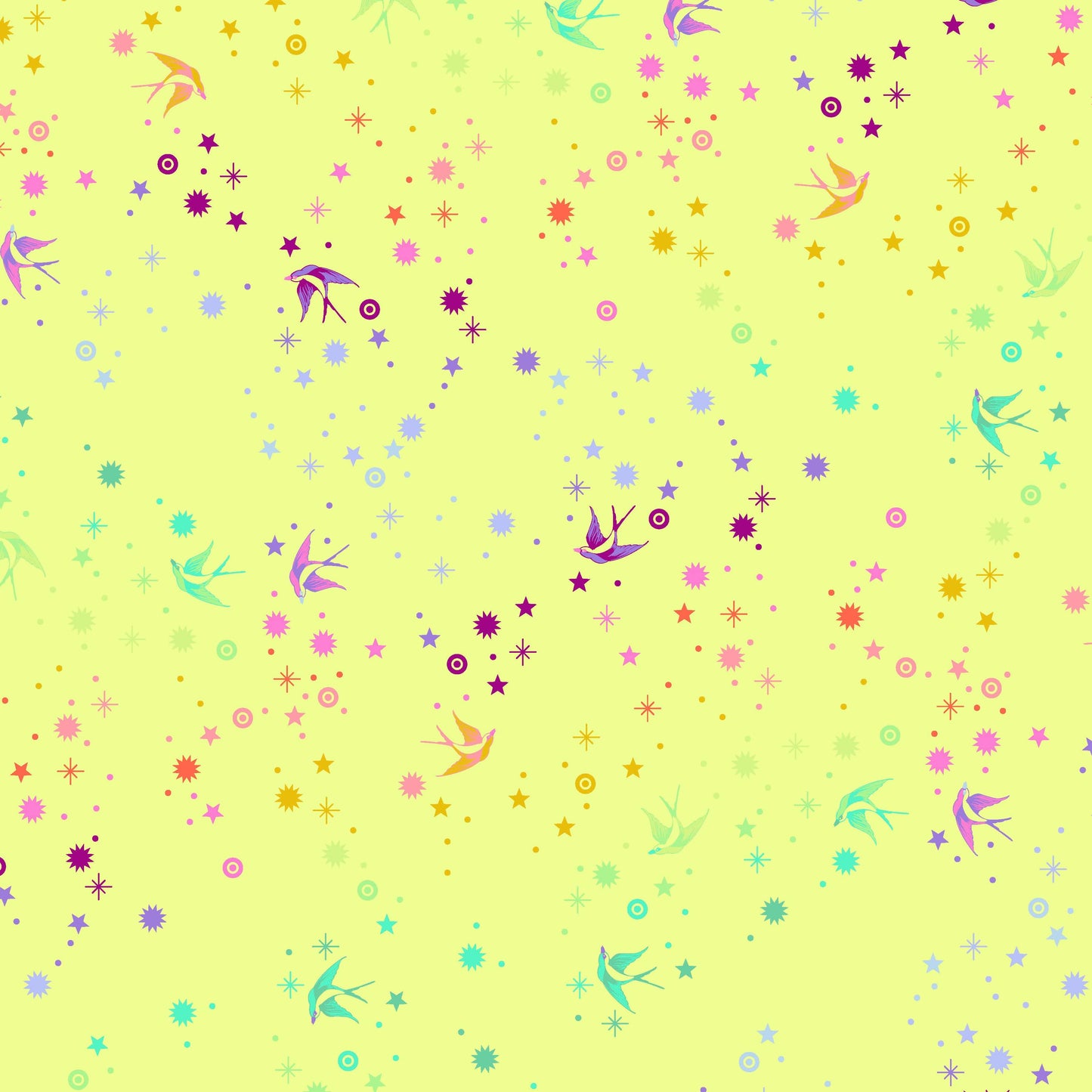 Cotton quilting fabric pattern called 'Fairy Dust in Lime'. Part of the 'True Colors' fabric collection. Designed by Tula Pink for fabric company Free Spirit Fabrics. SKU: PWTP133.LIME. 44-45 inch width.