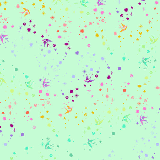 Cotton quilting fabric pattern called 'Fairy Dust in Mint'. Part of the 'True Colors' fabric collection. Designed by Tula Pink for fabric company Free Spirit Fabrics. SKU: PWTP133.MINT. 44-45 inch width.