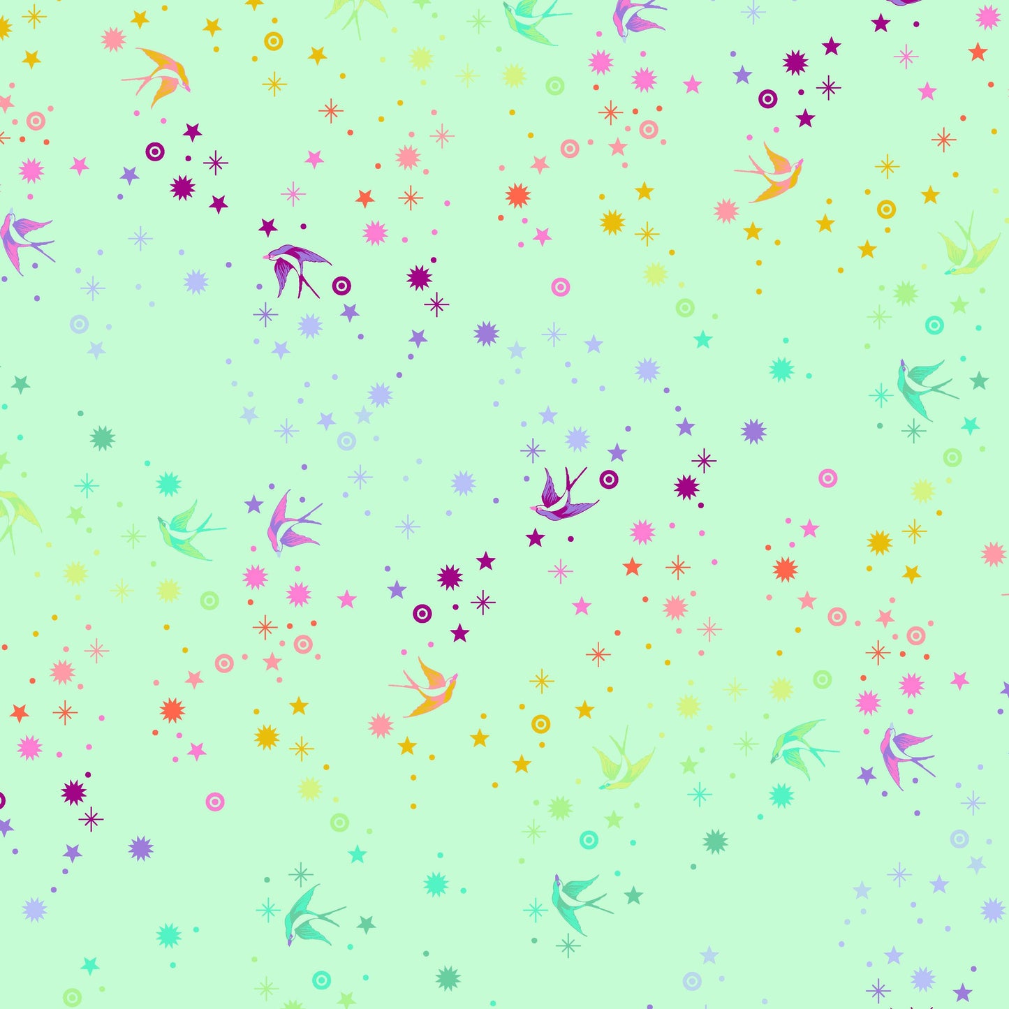 Cotton quilting fabric pattern called 'Fairy Dust in Mint'. Part of the 'True Colors' fabric collection. Designed by Tula Pink for fabric company Free Spirit Fabrics. SKU: PWTP133.MINT. 44-45 inch width.
