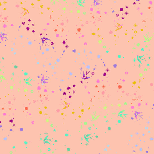 Cotton quilting fabric pattern called 'Fairy Dust in Sherbet'. Part of the 'True Colors' fabric collection. Designed by Tula Pink for fabric company Free Spirit Fabrics. SKU: PWTP133.SHERBET. 44-45 inch width.