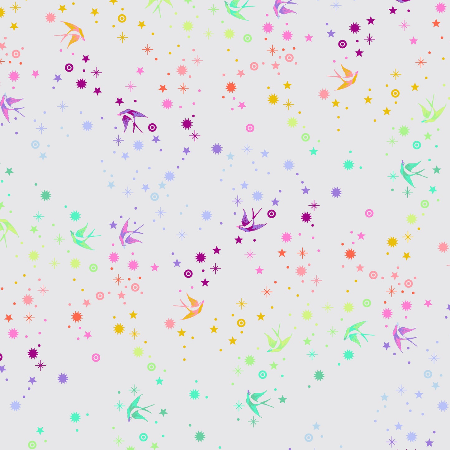 Cotton quilting fabric pattern called 'Fairy Dust in Whisper'. Part of the 'True Colors' fabric collection. Designed by Tula Pink for fabric company Free Spirit Fabrics. SKU: PWTP133.WHISPER. 44-45 inch width.